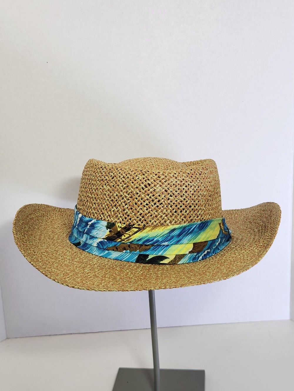 Jacobson Hat Men's Panama Straw Wide Brim Floral Band Beige/Blue Size M/L